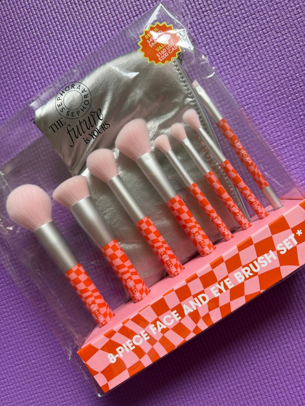 NWT Sephora 8 Piece Face & Eye Makeup Brush Set Cosmetic Bag Sealed Pink Red